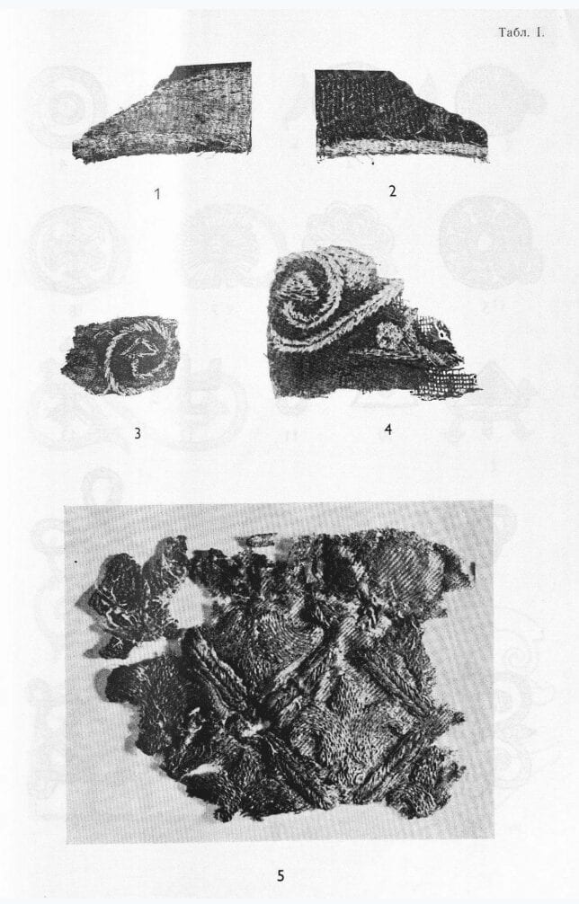 Fragments of medieval Russian goldwork embroidery, found in archeological digs.