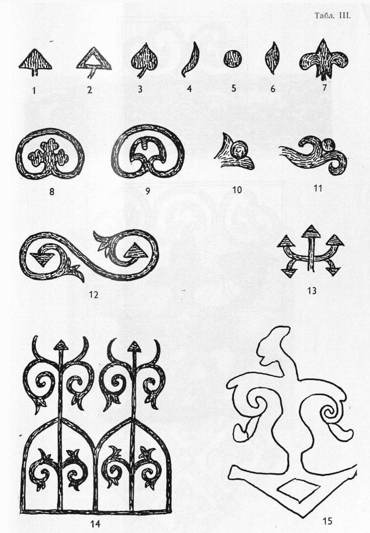 Drawings of embroidered designs from goldwork embroidered items found in medieval Russian archeological digs.