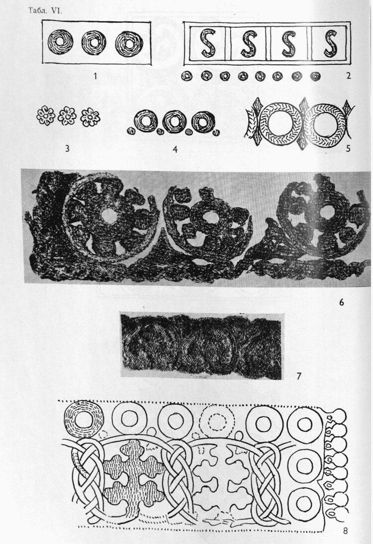 Photographs and drawings of embroidered designs from goldworked items found in medieval Russian archeological digs.