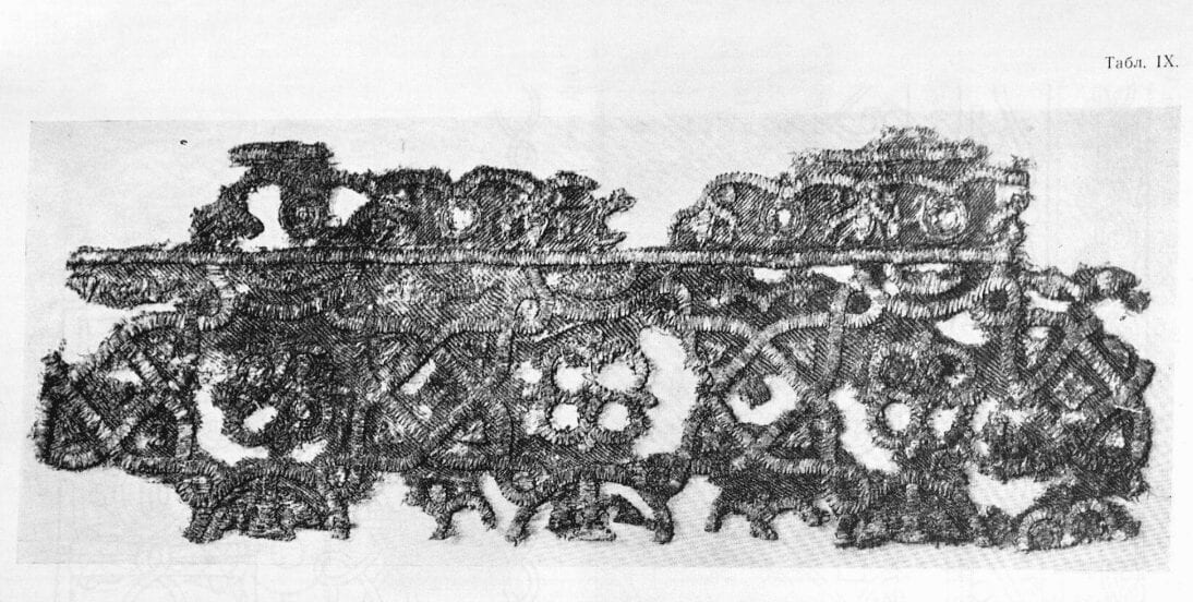 Photograph of remnants of goldwork embroidery found in a medieval Russian archeological dig.