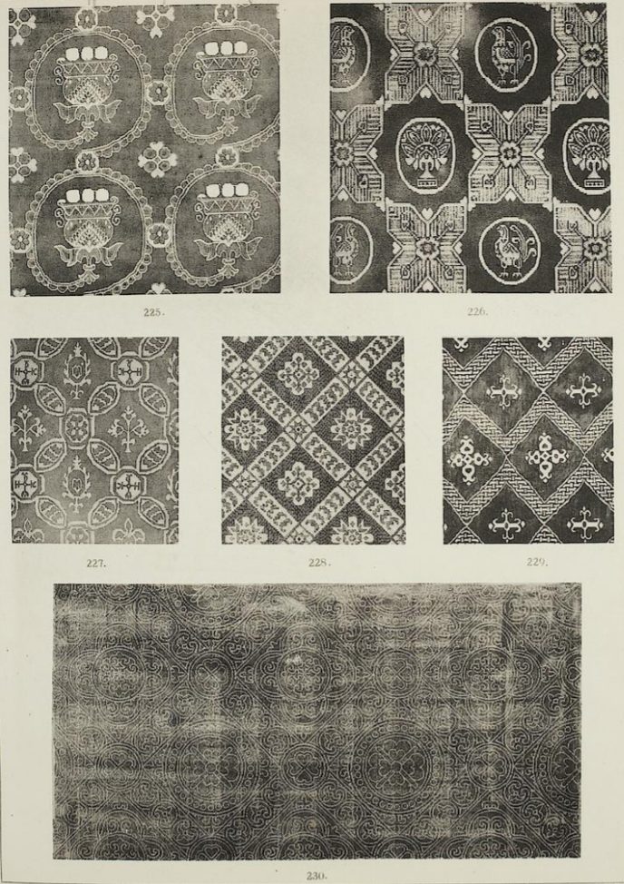 Byzantine patterned silks, 7th-11th cent. From Falke, Otto v. Kunstgeschichte der Sweidenweberei. Vol. II. Berlin, 1913. Illus. 225-230. Public domain. Source can be found online at https://digi.ub.uni-heidelberg.de/diglit/falke1913ga.