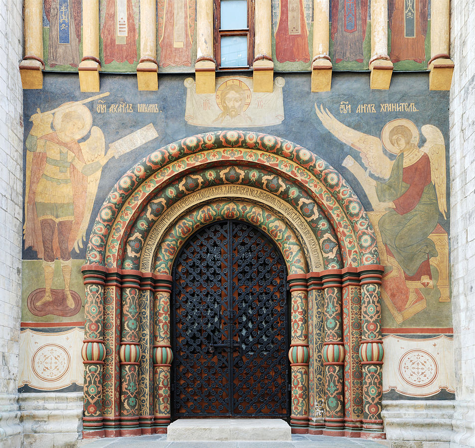 Wall paintings decorating the northern portal to the Cathedral of the Assumption, in Moscow's Kremlin. Photo shared under the Creative Commons Attribution-Share Alike 3.0 Unported license. Original can be found on Wikimedia.