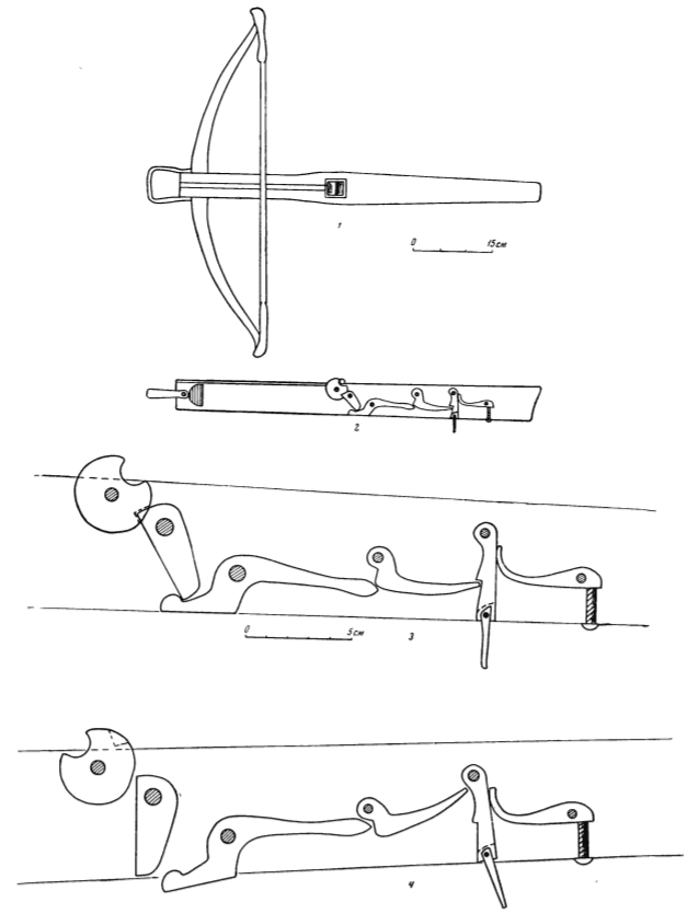 Drawing of the firing mechanism of a crossbow.